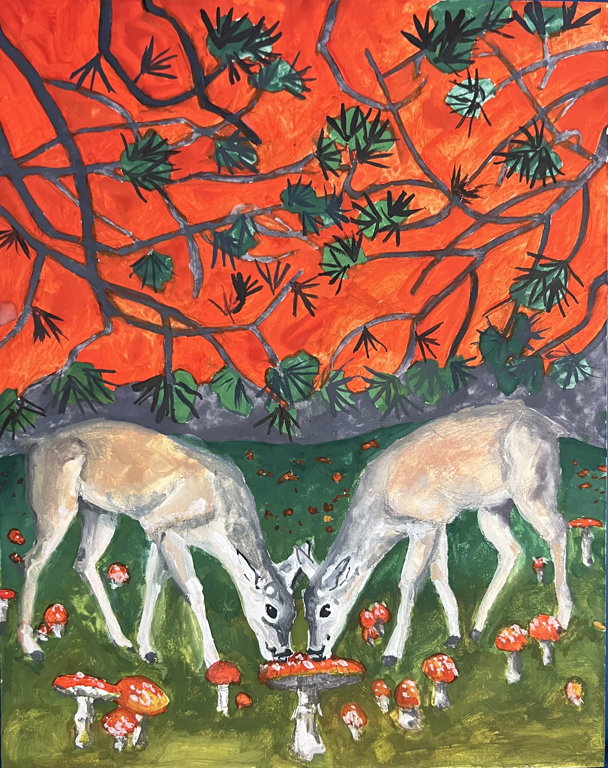 Srni, gvaš na lesu, 24 x 19 cm, 2025