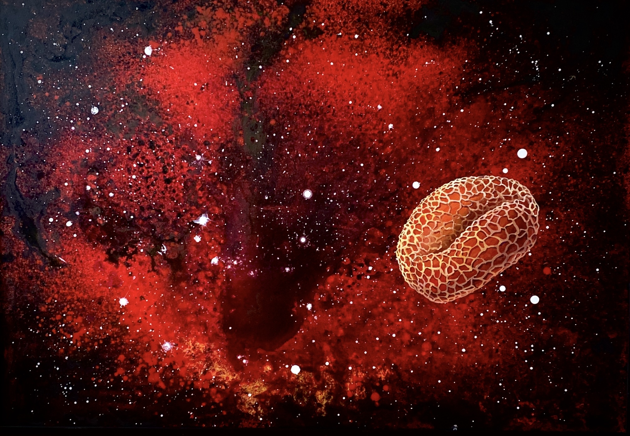 Izgubljeni planet 2; Pelod oljke, akril na platnu, 130 x 90 cm, 2023