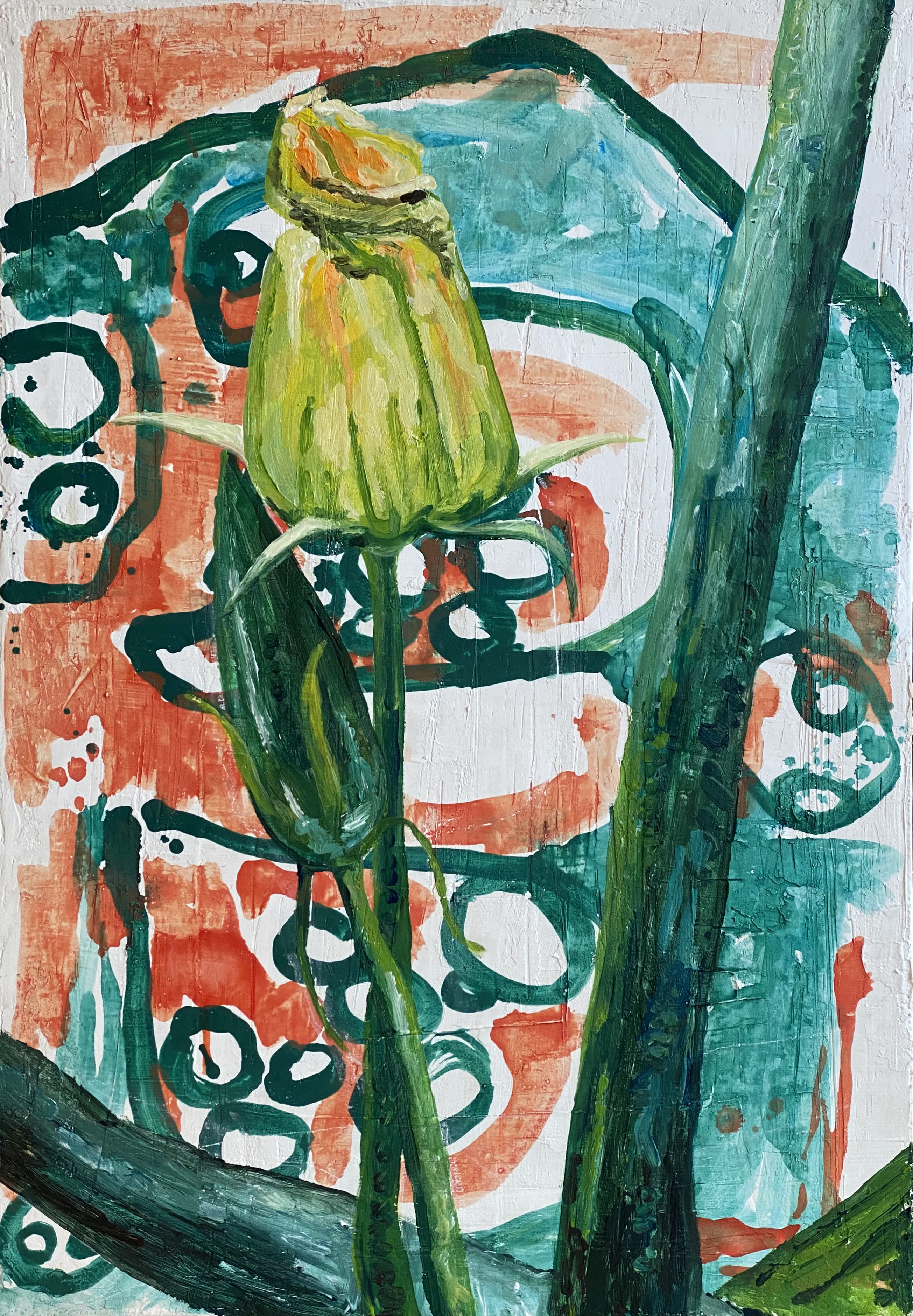 Cvet bučke M, gips in akril na platnu, 50 x 70 cm, 2021